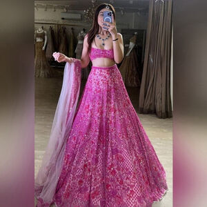 Rose Pink Net Sequins embroidered Flared Style Lehenga Choli